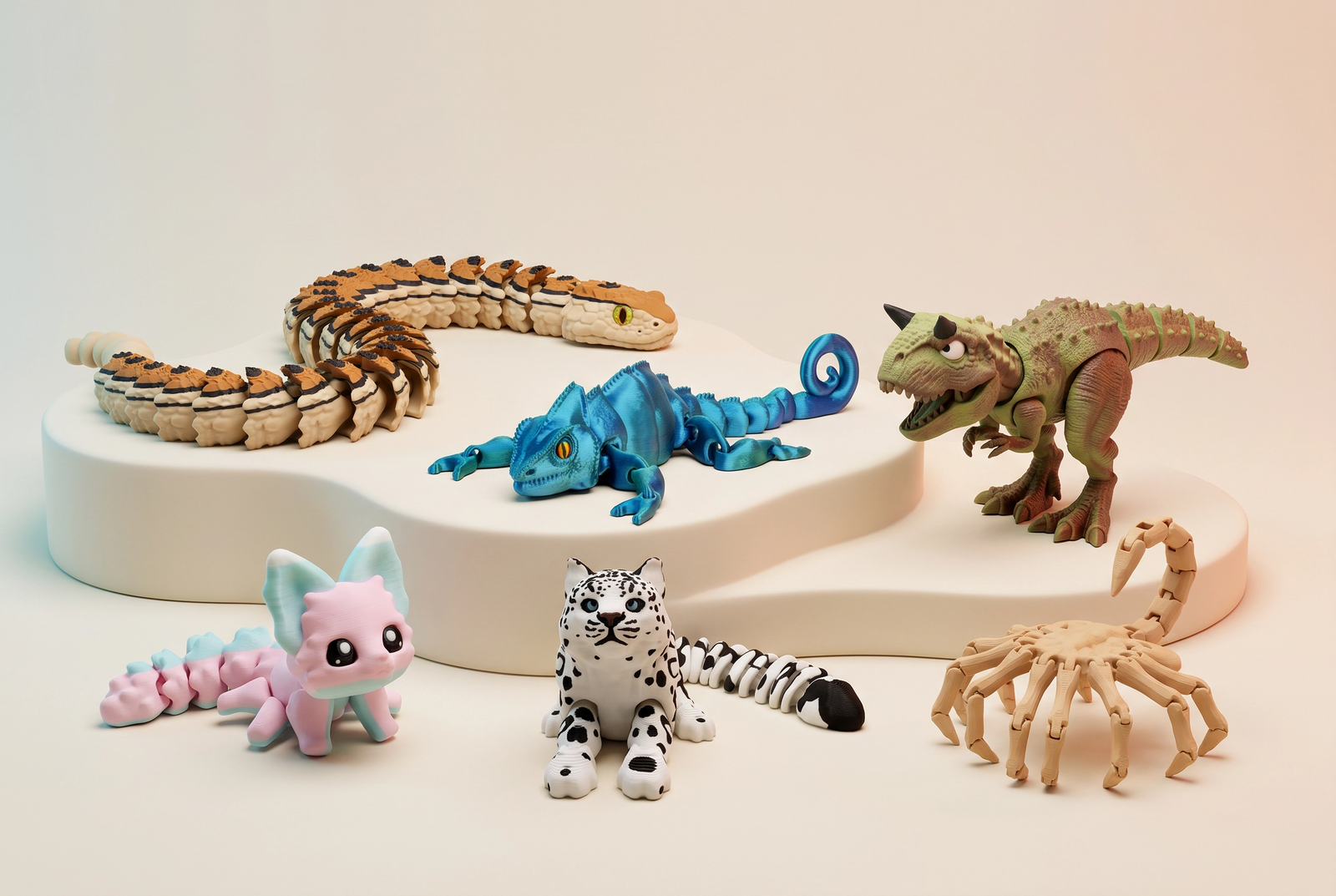 A collection of colorful YIPINTANG articulated 3D printed animals